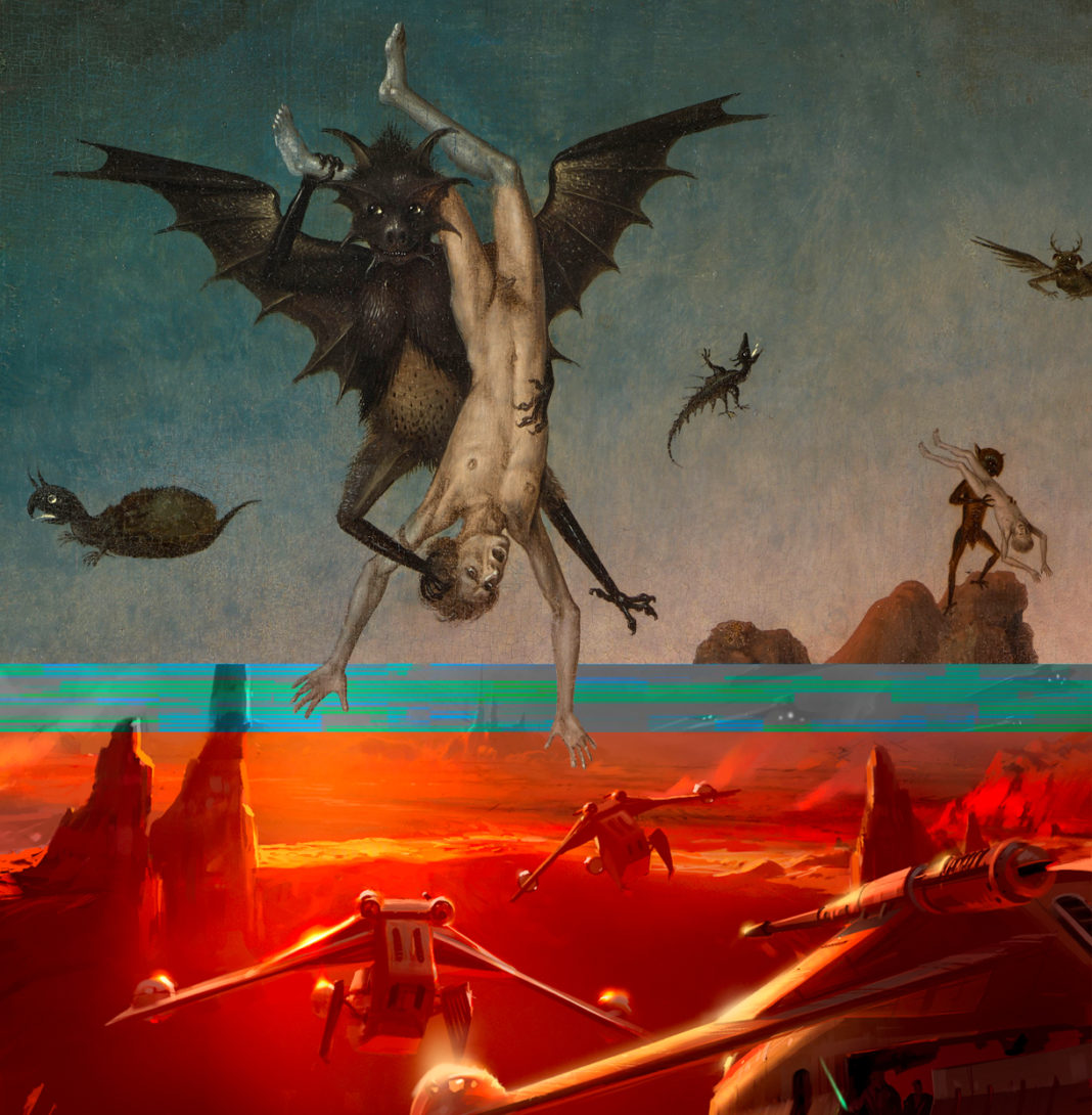 ‘The Fall of the Damned’, Dieric Bouts, ca. 1450, Palais des Beaux-Arts, Lille © RMN-Grand Palais (PBA, Lille) / Stéphane Maréchalle | ‘Republic Attack Gunships on Geonosis’, Star Wars: Attack of the Clones (2002), digital concept art, Ryan Church © Lucas Museum of Narrative Art, Los Angeles